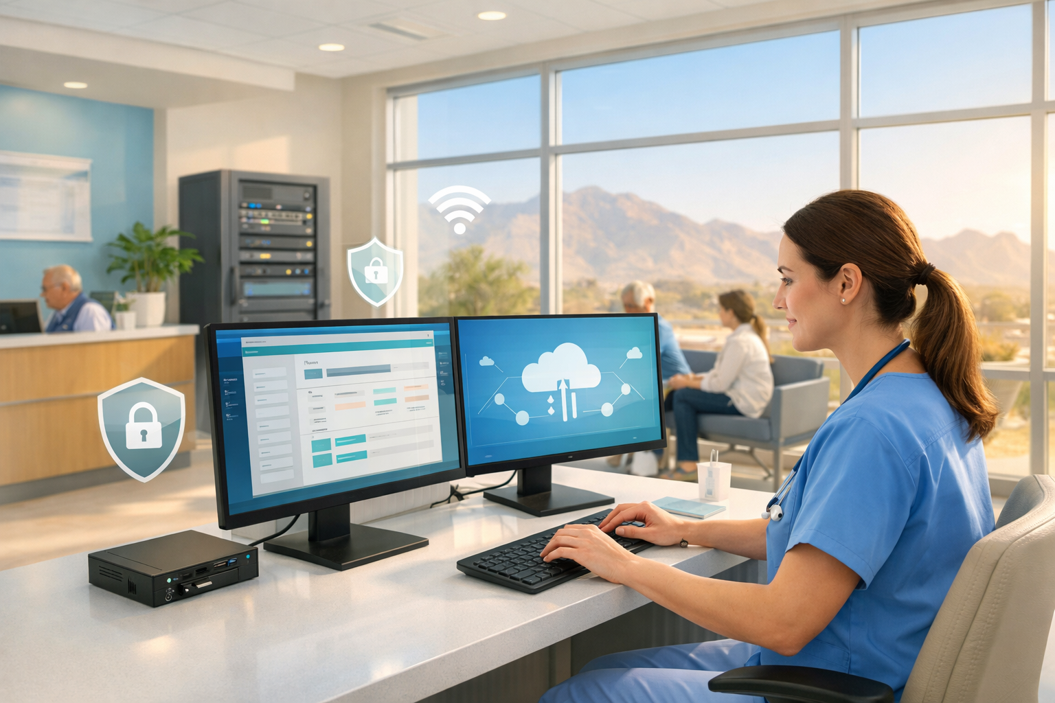 Create a clean, premium editorial hero image for an article titled “Healthcare IT Services That Keep