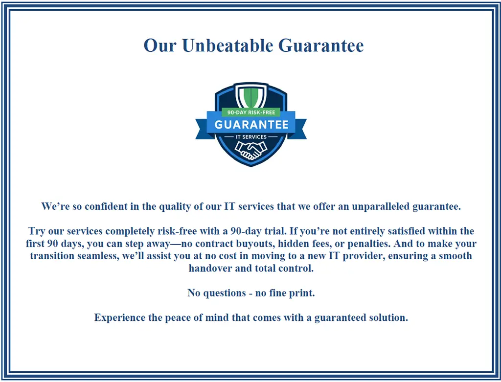 Lazer IT Consultants 90-day risk-free guarantee certificate
