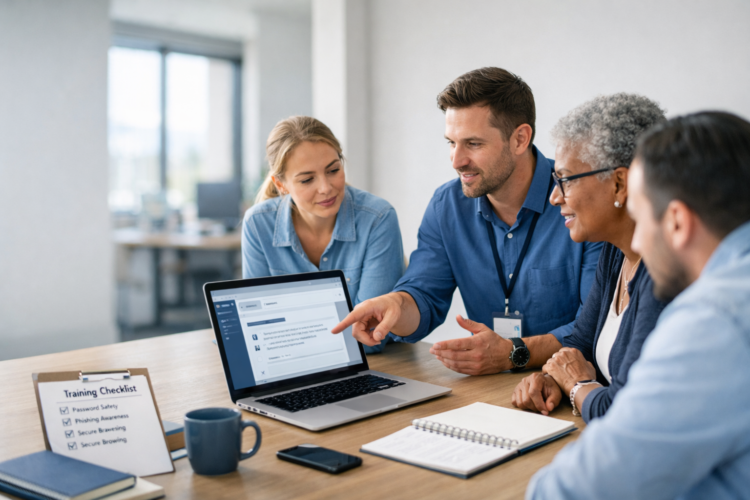 Create a photorealistic editorial image for a blog titled “Employee Cybersecurity Training That Stic