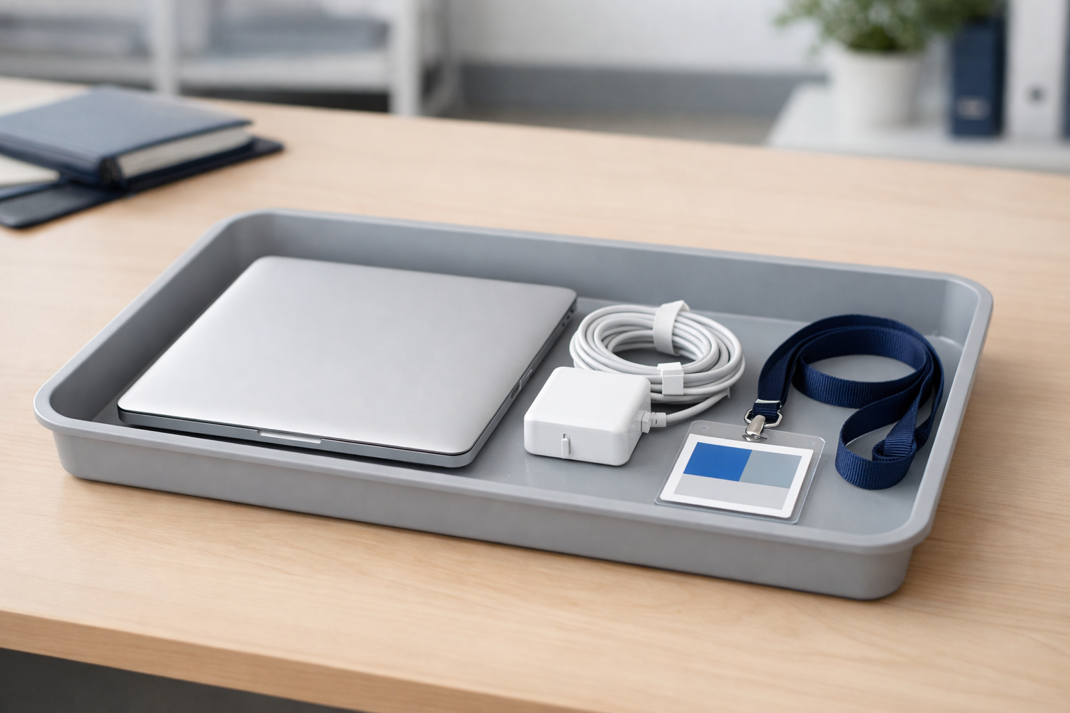 Returned company laptop, charger and access badge arranged in an equipment tray