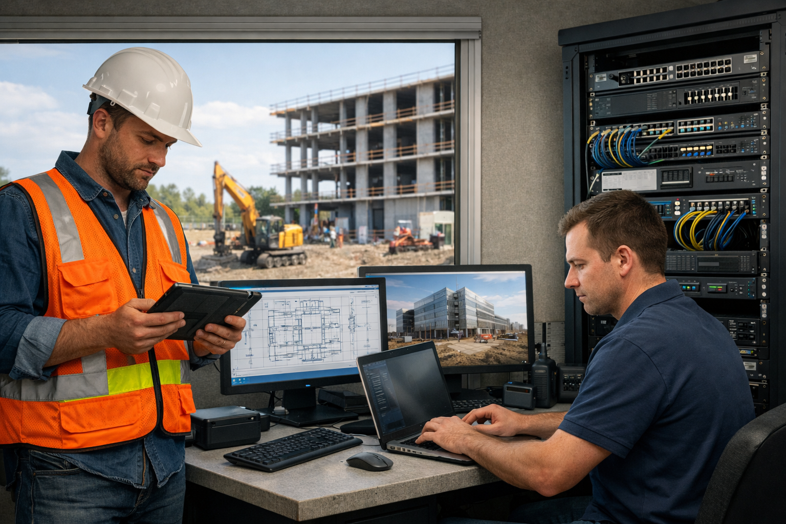 Construction supervisor and IT technician keeping jobsite systems online